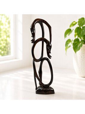 Abstract Hand-Carved Ironwood Sculpture With Two Faces 16" Tall Dark Wood Finish